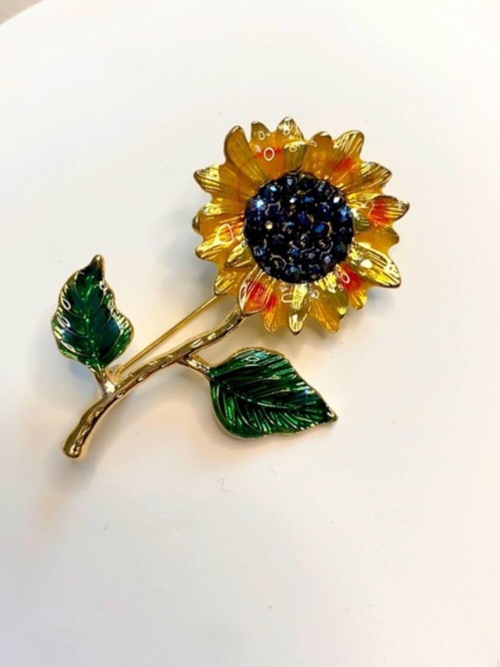 Sunflower flower Brooch Pin Metal Gold yellow Rhinestones Bling New 2” x 1.5”